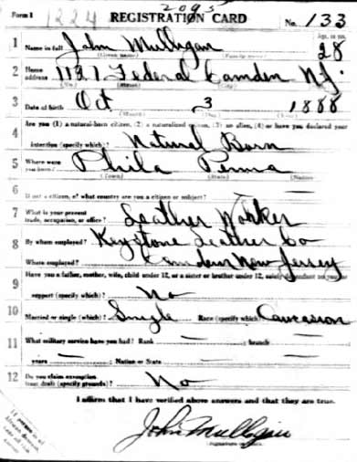 John A. Mulligan — World War I draft card front