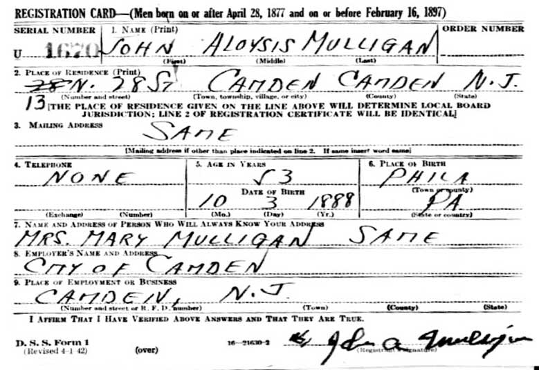 John A. Mulligan — World War II draft card