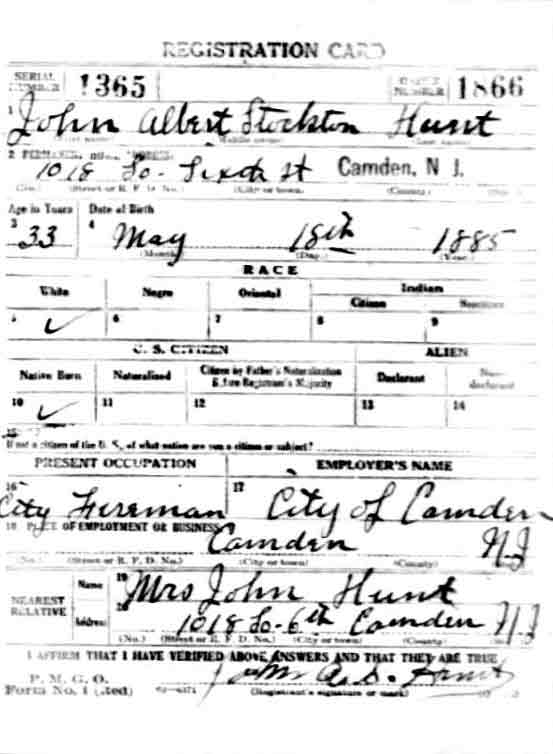 World War I Draft Registration Card for John Albert Stockton Hunt, front