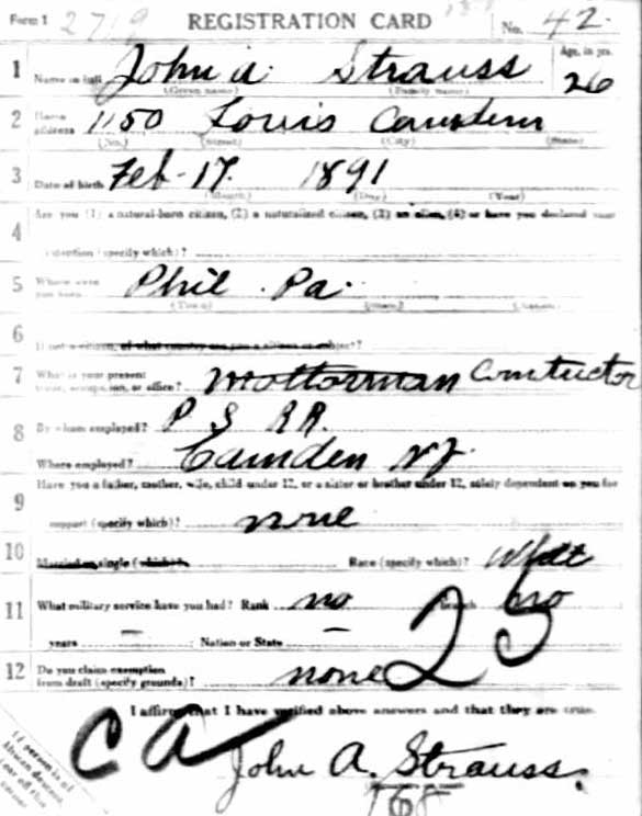 WWI Draft Registration Card for John A. Strauss, 1917 — front