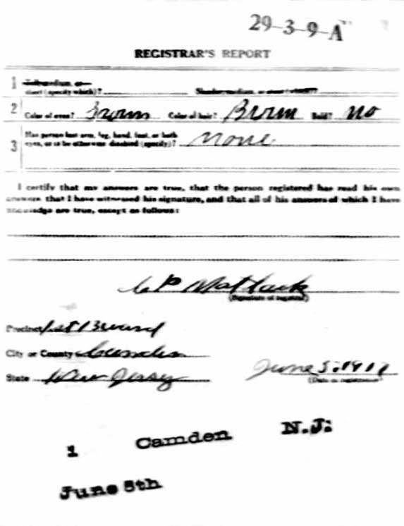 WWI Draft Registration Card for John A. Strauss, 1917 — registrar's report