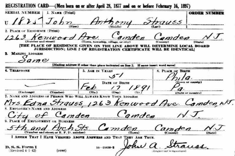 WWII Draft Registration Card for John Anthony Strauss, 1942