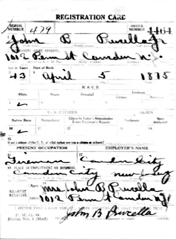 World War I draft registration card for John B. Prucella, front