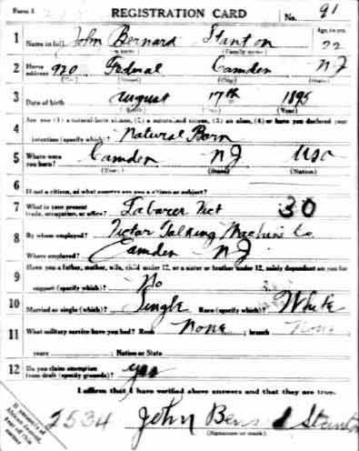 John B. Stanton WWI draft registration card, front