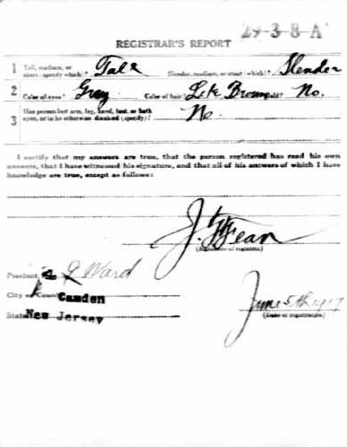 John B. Stanton WWI draft registration card, back
