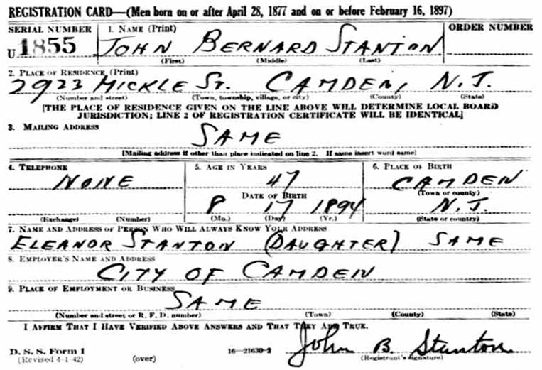 John B. Stanton WWII draft registration card