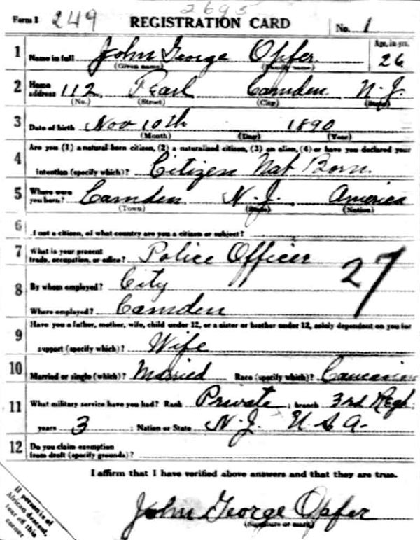 John George Opfer World War I Draft Registration Card, front