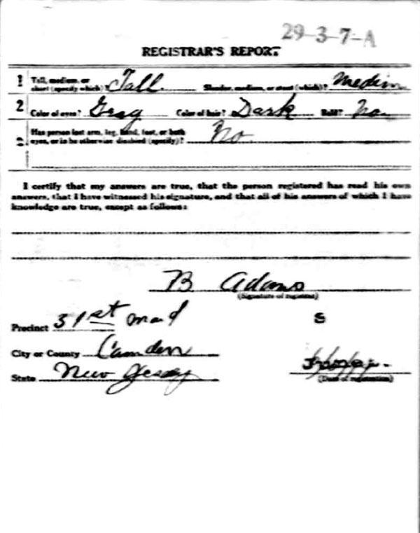 John George Opfer World War I Draft Registration Card, back