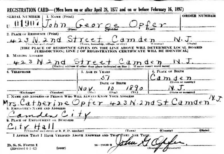John George Opfer World War II Draft Registration Card, 1942