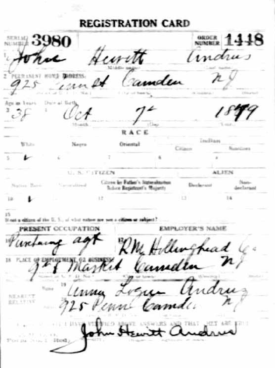 John H. Andrus World War I draft registration card, front