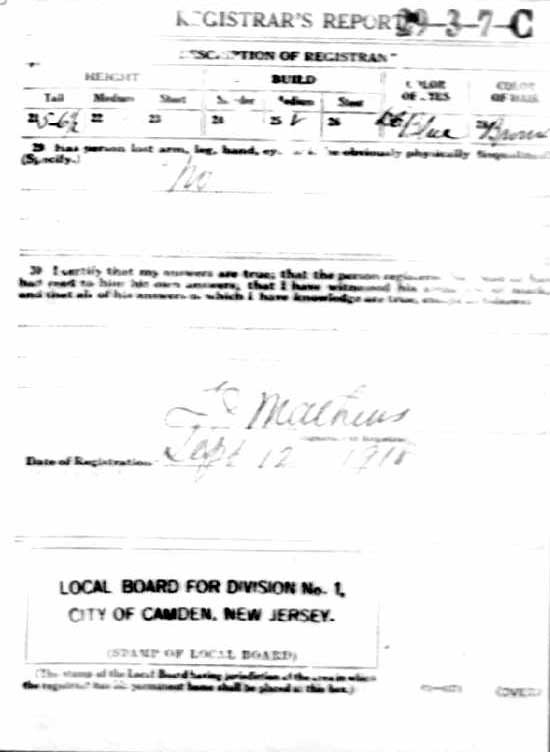 John H. Andrus World War I draft registration card, reverse