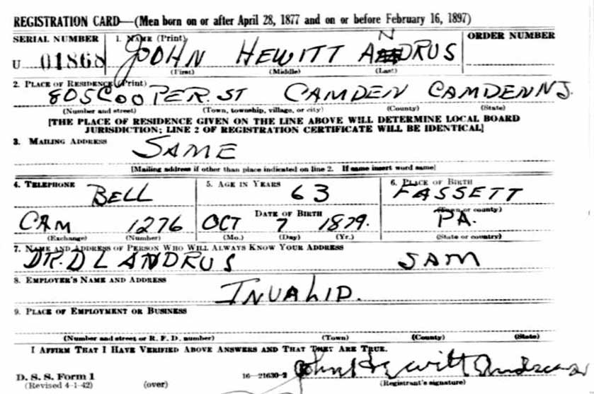 John H. Andrus World War II draft card
