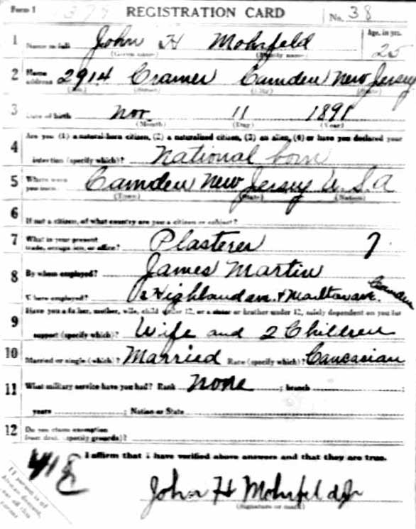 John H. Mohrfeld Jr. World War I draft registration card, side 1