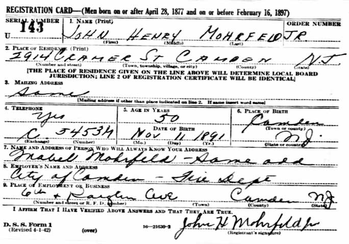 John H. Mohrfeld Jr. World War II draft registration card