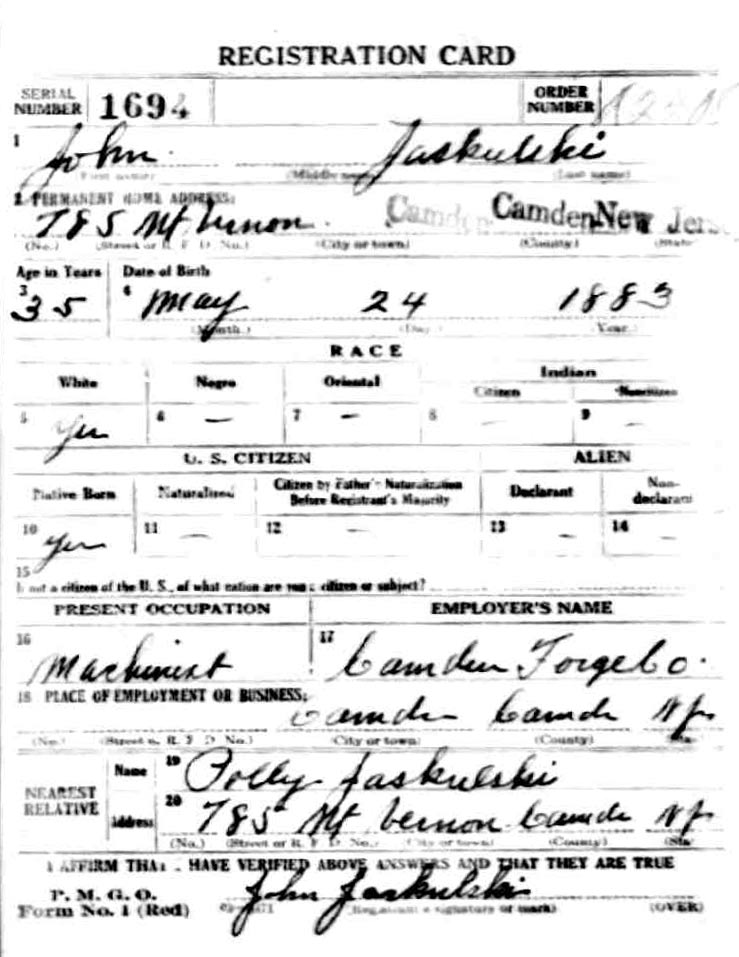 John Jaskolski WW1 Draft Card (front)