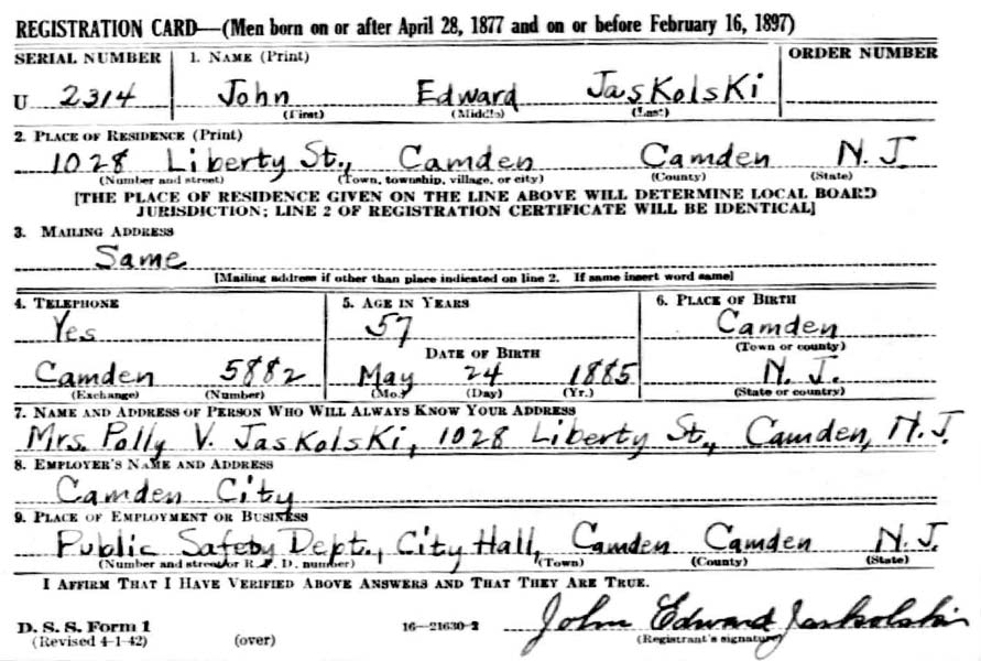 John Jaskolski WW2 Draft Card