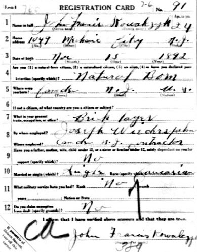 World War I Draft Card for John Kowalczyk — front