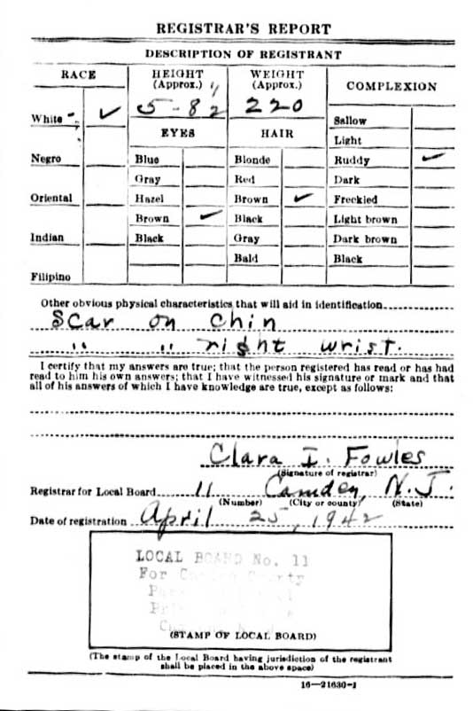 World War II Draft Card for John Kowalczyk — back