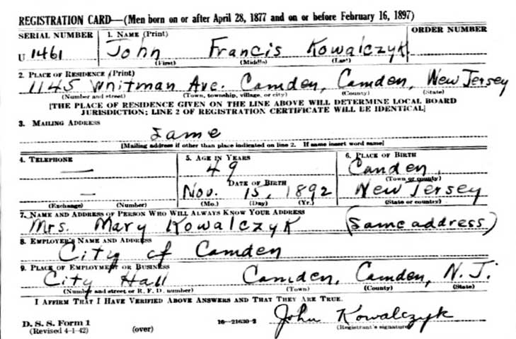 World War II Draft Card for John Kowalczyk — front