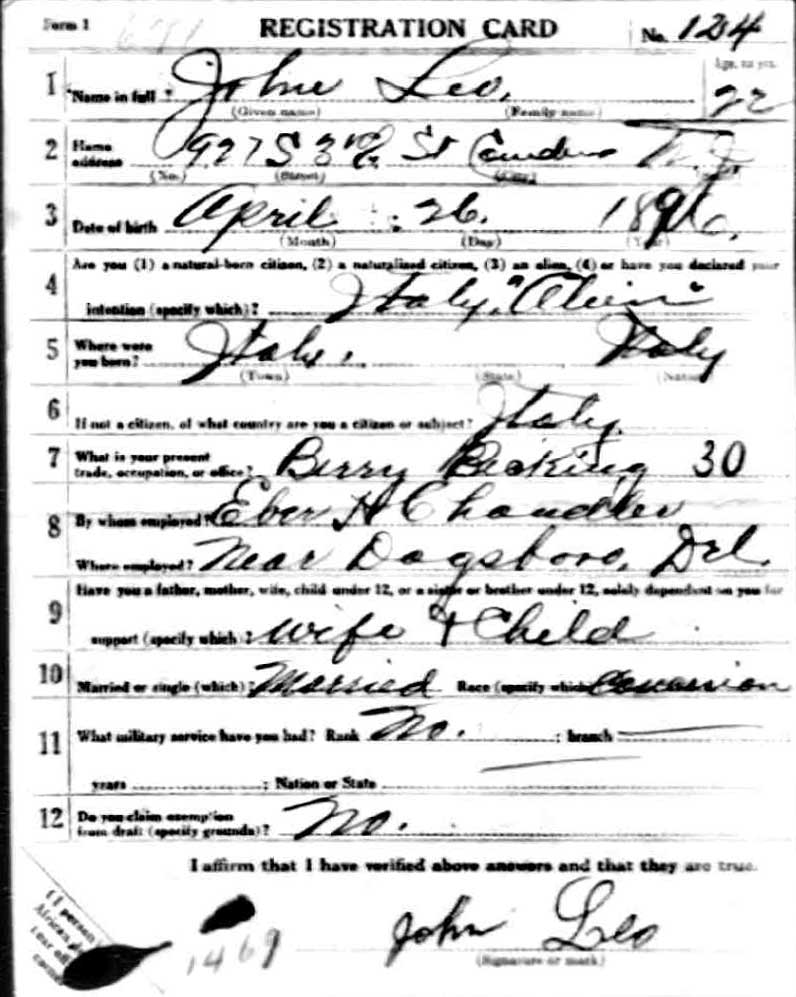 World War I Draft Registration Card — John Leo