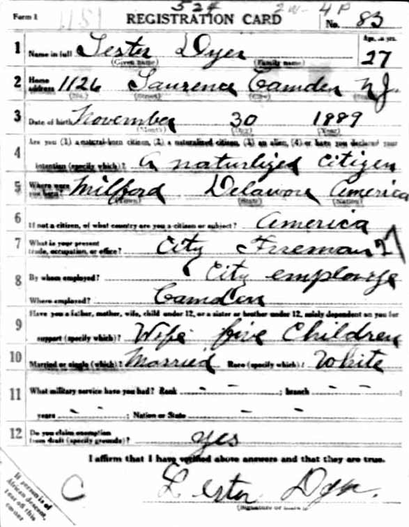 World War I draft registration card for John Lester Dyer, front