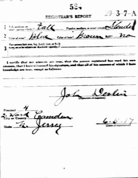 World War I draft registration card for John Lester Dyer, back (registrar's report)