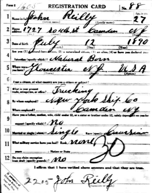 John Reilly World War I draft card, front