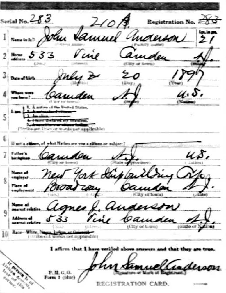 World War I draft registration card — John Samuel Anderson — front