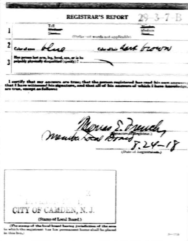 World War I draft registration card — John Samuel Anderson — Registrar's Report