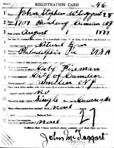 World War I Draft Registration Card for John S. McTaggart, side 1