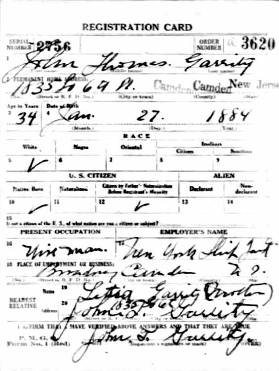 John T. Garrity World War I Draft Card, front