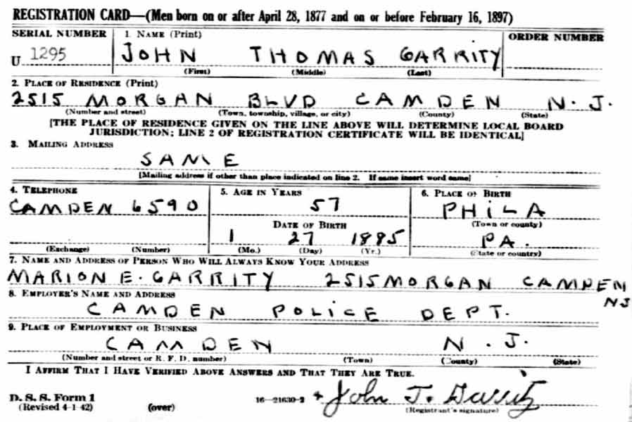 John T. Garrity World War II Draft Card