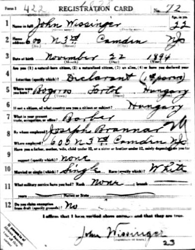World War I draft card for John Wissinger, front