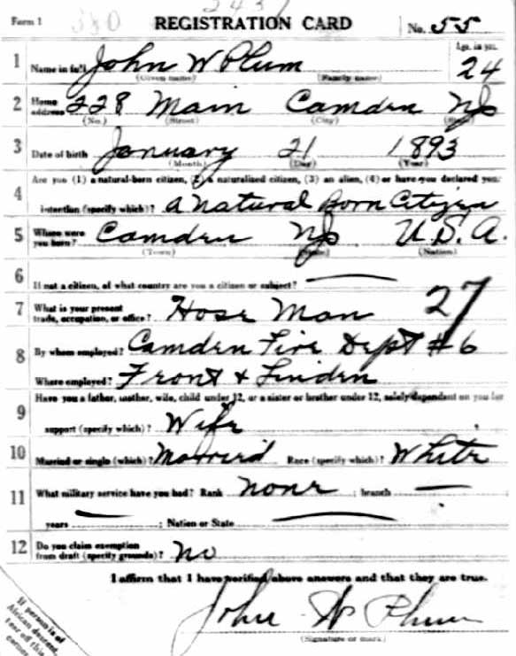 World War I Draft Registration Card for John W. Plum — front