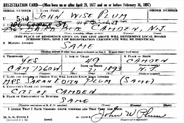World War II Draft Registration Card for John W. Plum