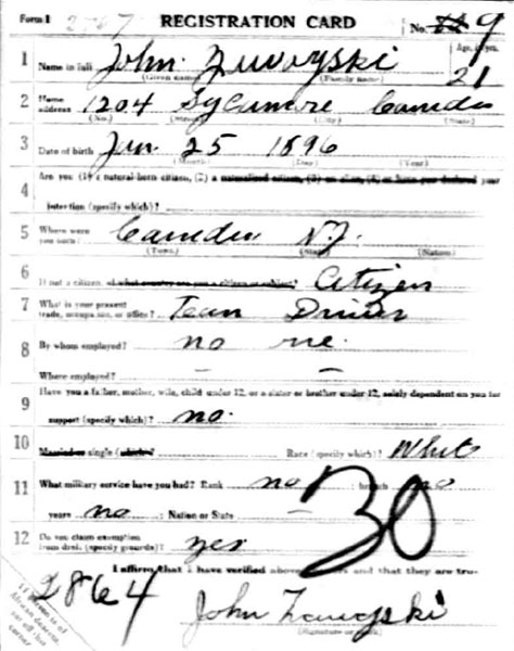 World War 1 Draft Registration Card for John Zawojski, front