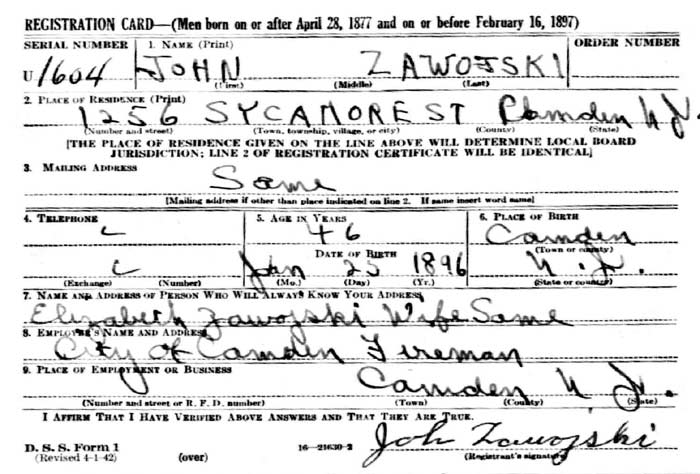World War 2 Draft Registration Card for John Zawojski