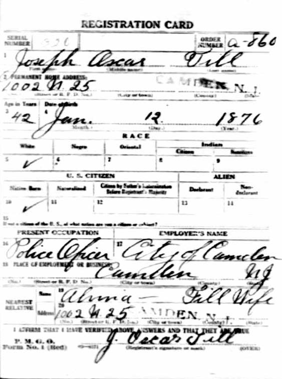 World War I Draft Registration Card — Joseph Oscar Till, front