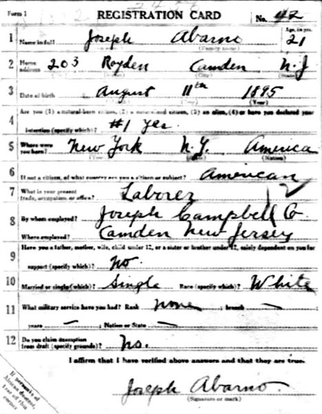 Joseph Abarno WWI draft card — front