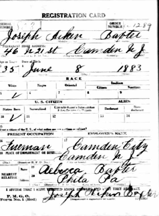 World War I Draft Registration Card for Joseph Aiken Baxter (front), September 12, 1918