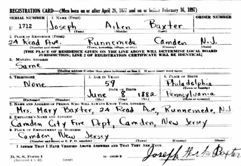 World War II Draft Registration Card for Joseph Aiken Baxter, 1942