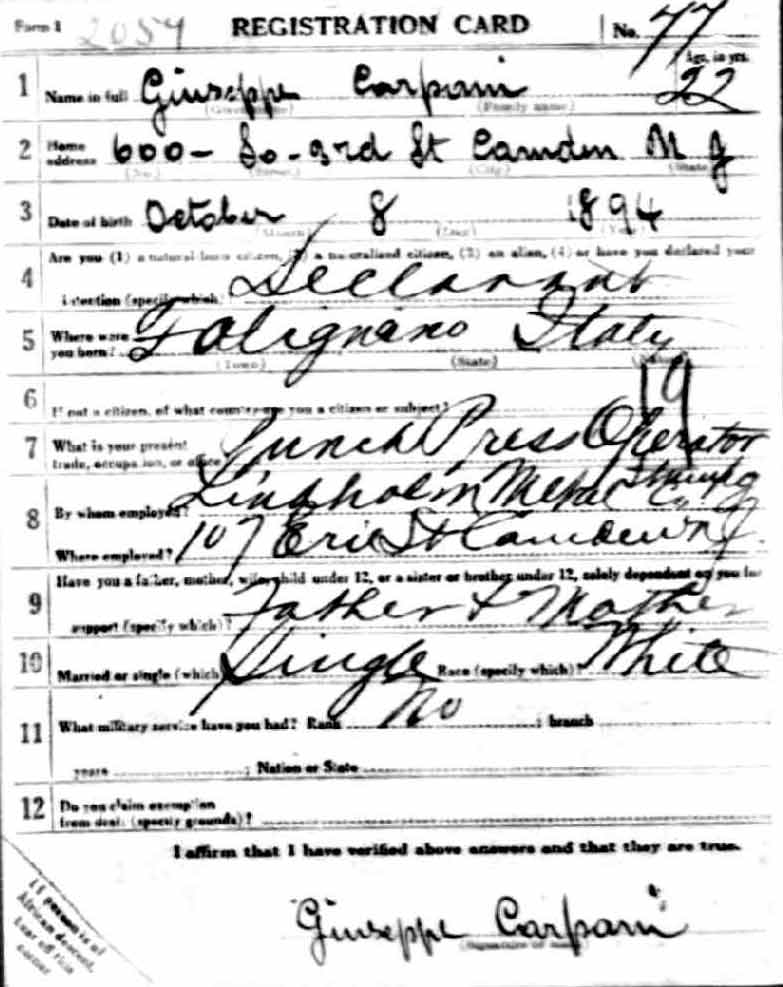 Joseph Carpani World War I draft card, front