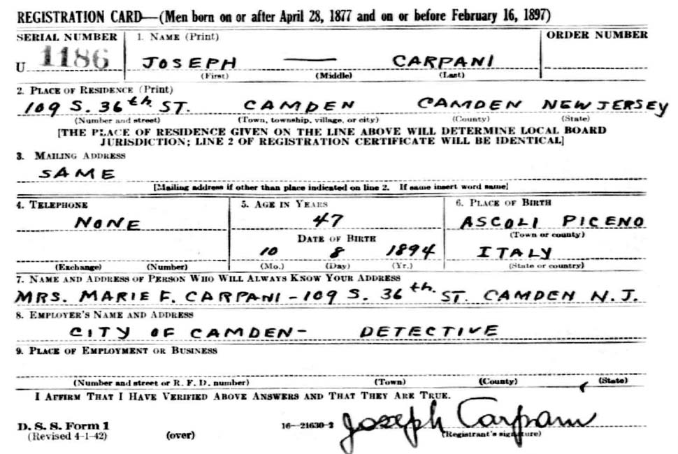 Joseph Carpani World War II draft card