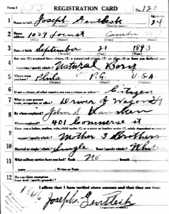 WWI Draft Registration Card for Joseph Gentlesk, front