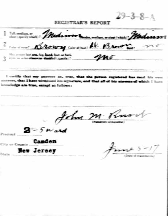 WWI Draft Registration Card for Joseph Gentlesk, back (Registrar's Report)