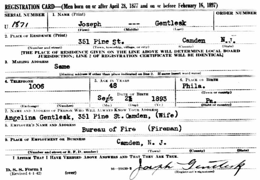 WWII Draft Registration Card for Joseph Gentlesk