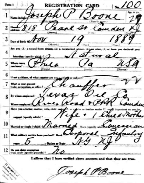 Joseph P. Boone WWI Draft Registration Card, front, June 5, 1917
