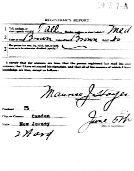 Joseph P. Boone WWI Draft Registration Card, back — Registrar's Report, June 5, 1917