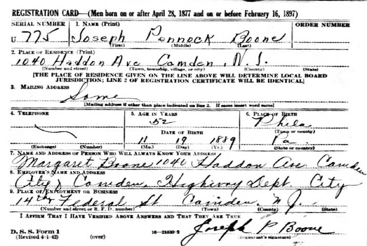 Joseph P. Boone WWII Draft Registration Card, 1942