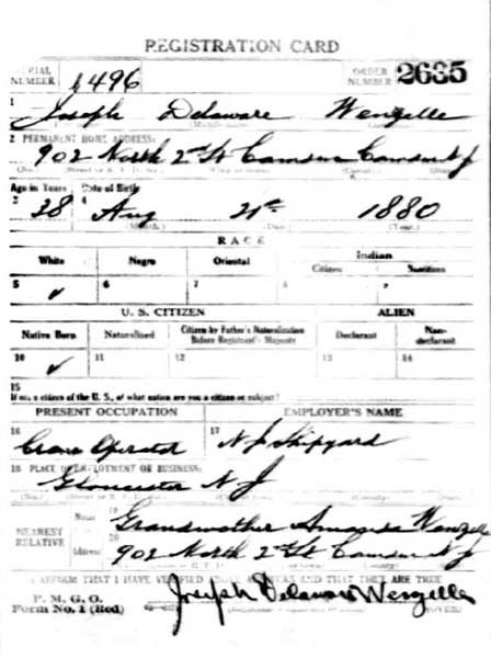 World War I draft registration card (front) for Joseph Delaware Wenzelle, September 22, 1918